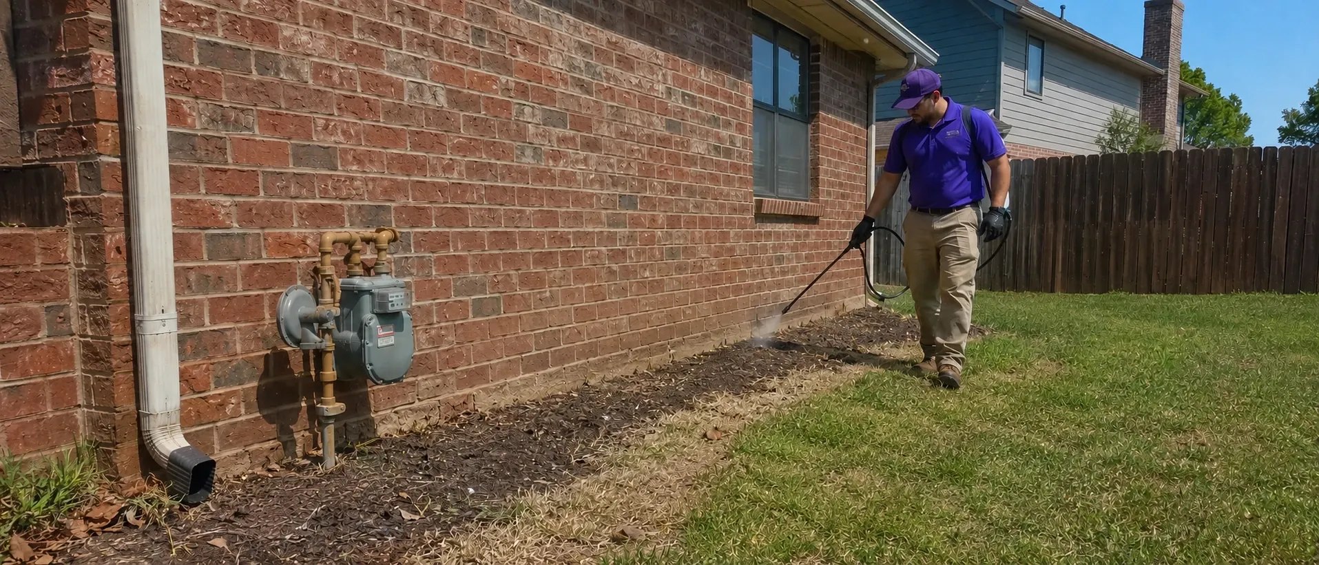 Buzzkillerz technician in a purple uniform spraying a perimeter pest treatment along the foundation of a brick north Texas home