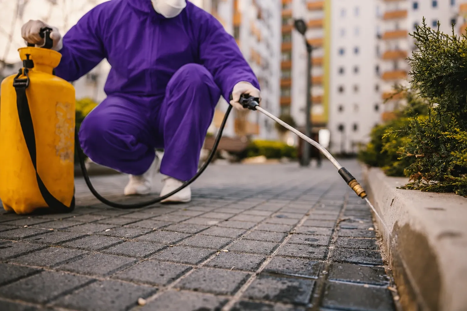 Buzzkillerz technician in a purple uniform spraying a perimeter pest treatment along a residential walkway in a north Texas neighborhood