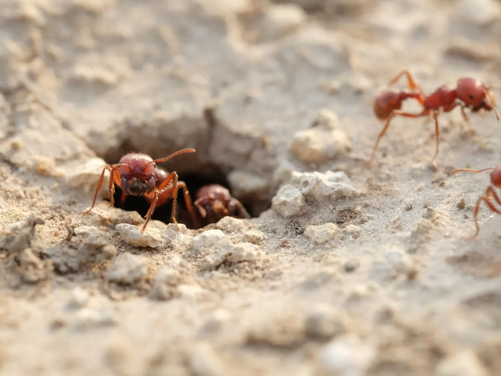 Red imported fire ants at the open entrance of a mound in dry, sandy soil