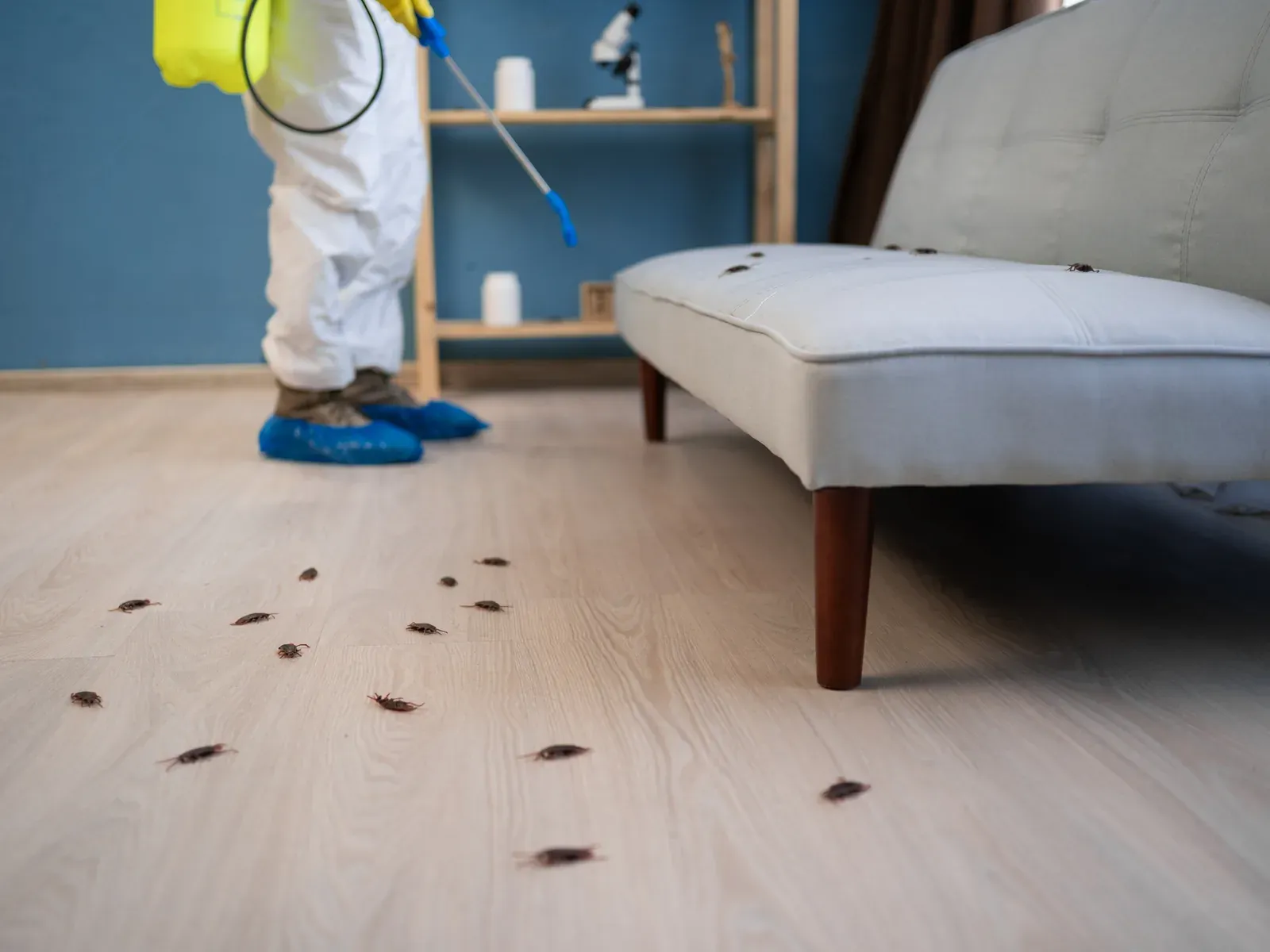 A technician in white protective coveralls using a sprayer to treat a living room floor scattered with cockroaches